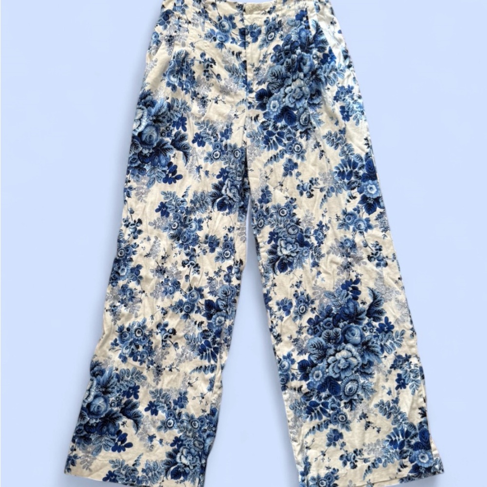 Maeve by Anthropologie Colette Blue and White floral Wide Leg linen pants size 8